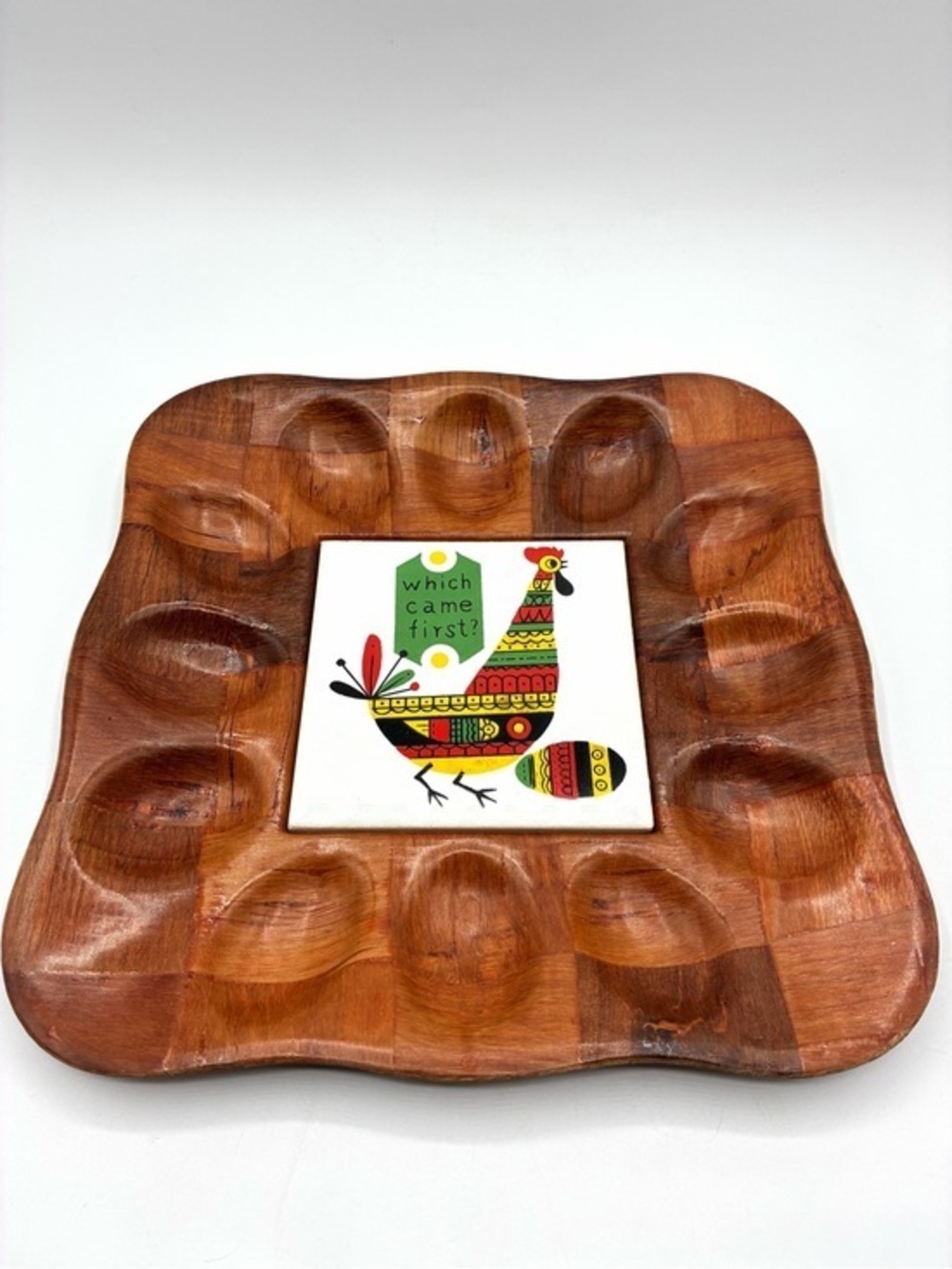 Vintage Farmhouse MCM Deviled Egg Tray “Which Came First” Chicken